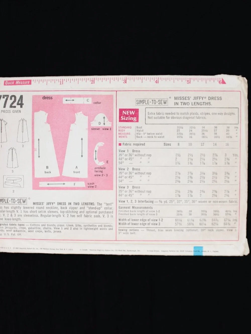 VTG Simplicity TENT Dress #7724 Jiffy 1968 Retro Mini MCM Misses' 10 Bust 32.5